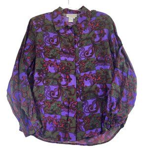 Vintage ANDRIANI Women Silk Blouse L Purple Jewel Tones Secretary Shoulder Pads